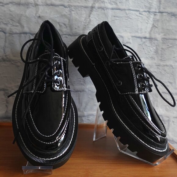 Zara Contrast Stitch Vegan Patent Boat Shoes - Picture 2 of 9